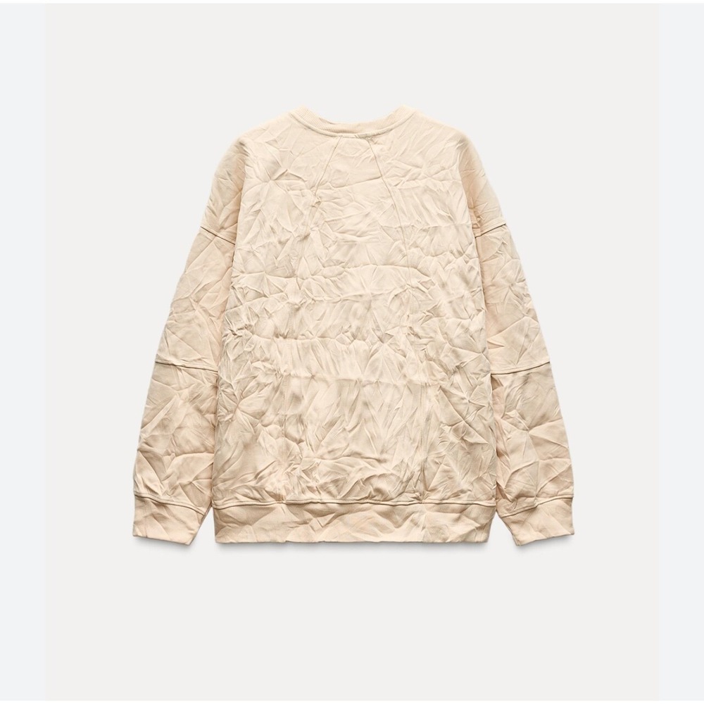 Zara Wrinkled Beige Sweatshirt Pullover Crewneck Long Sleeve Size Small